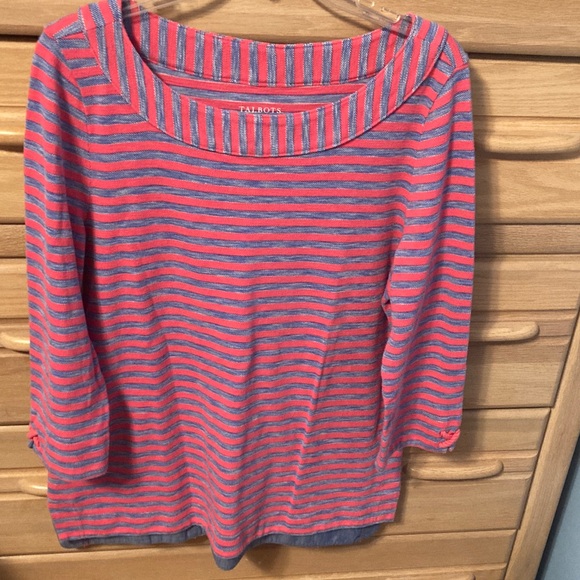 Talbots Tops - Talbots Pink and Blue Striped Top Hi-Low 3/4 Sleeves with detail